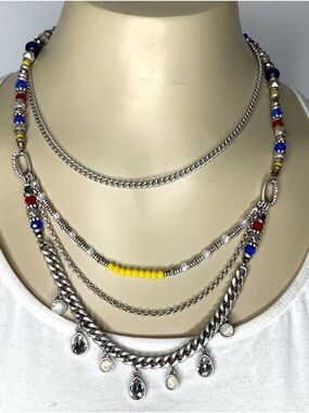 Premier Multilayer Silver Chain Necklace with Yellow, Blue & Red Beads